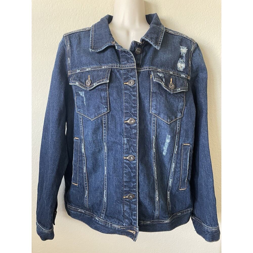 Melrose & Market Distressed Denim Button Up Collared Long Sleeve Jacket Size S